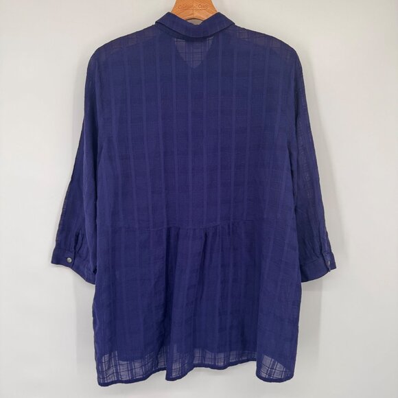 J JILL woman's blouse tunic sheer plaid ruffle hem size large cotton top blue - Picture 10 of 11